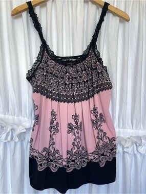 Pink & Black Lace-Trim Sleeveless Women's Top